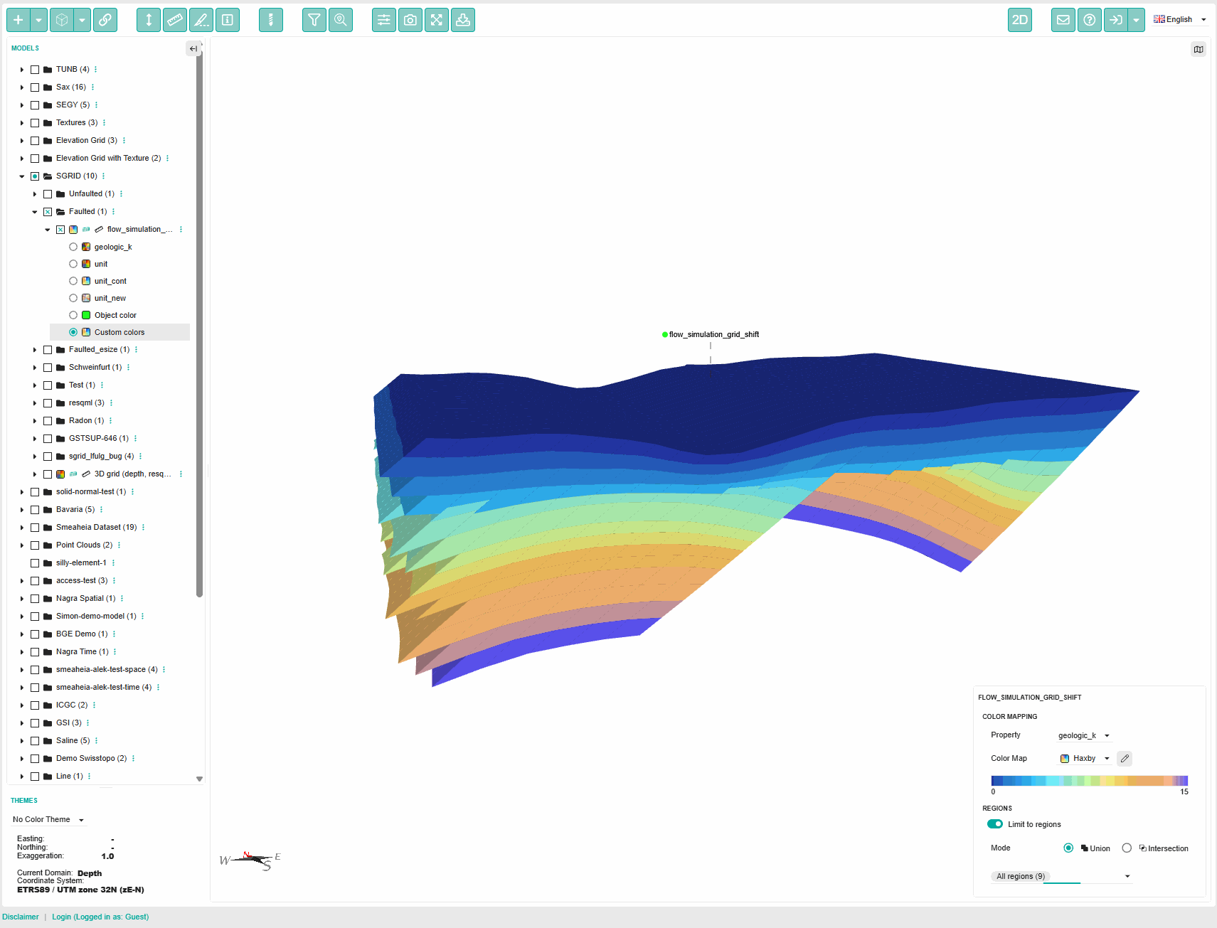 The animation shows a structured grid in a 3d browser, while the user switched between different representation based on the regions stored on the grid.